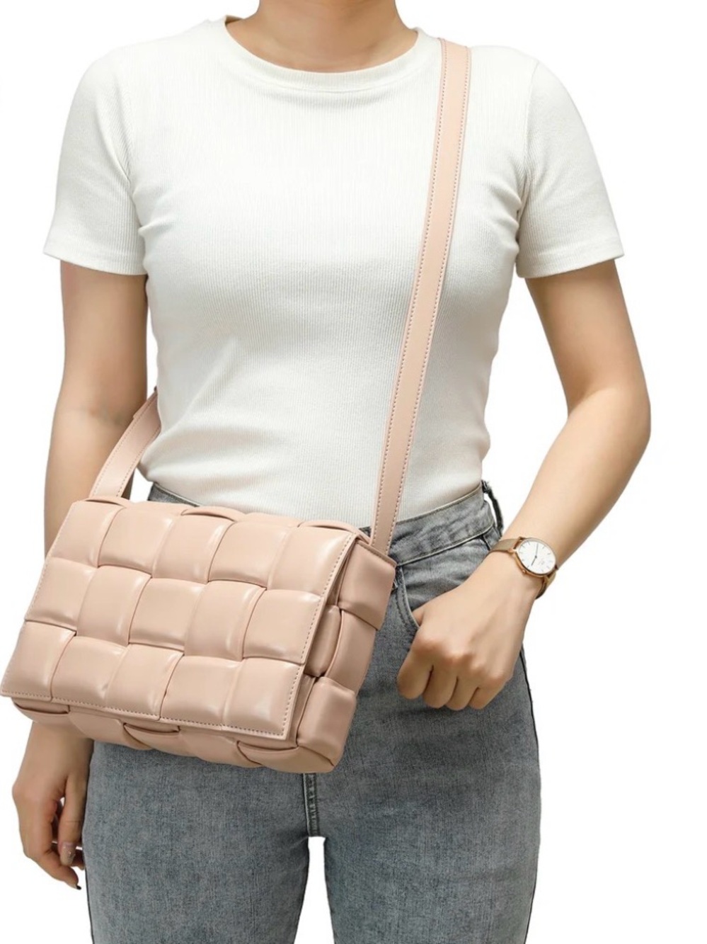 Full-Grain Woven Lambskin Leather Puffy Bag Quilted Crossbody Bag in Blush Pink